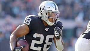 Nov 17, 2019; Oakland, CA, USA; Oakland Raiders running back Josh Jacobs (28) runs with the ball during the second quarter against the Cincinnati Bengals at Oakland Coliseum. Mandatory Credit: Darren Yamashita-USA TODAY Sports